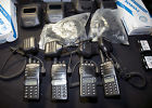 Four Motorola Gp 68 Programmable Uhf Radios With Clip Mikes, X2 Throat Mikes