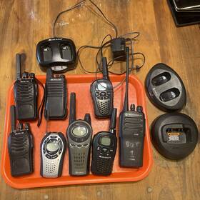 Rtec15 Motorola Lot 8 Walkie Talkies And Misc Charger Bases Cobra Midland Untested
